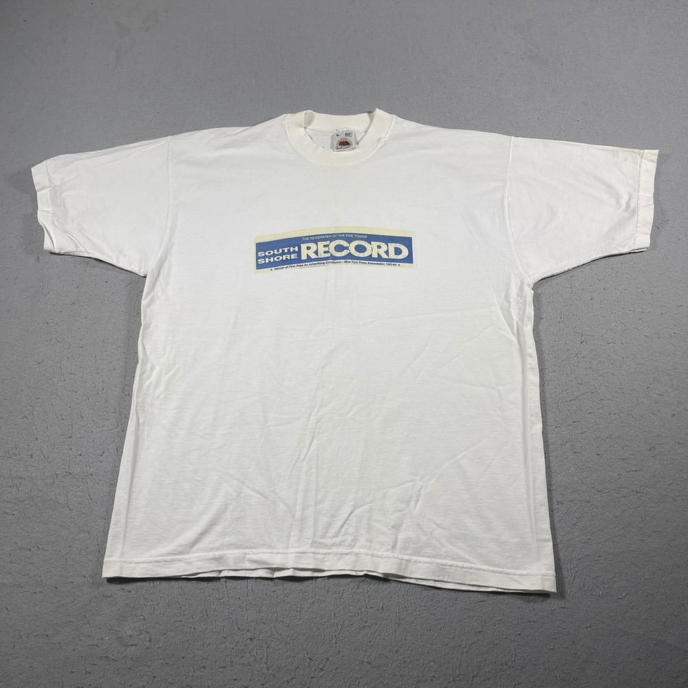 Vintage 90s South Shore Record Newspaper Graphic Print T-Shirt Size XL White‎